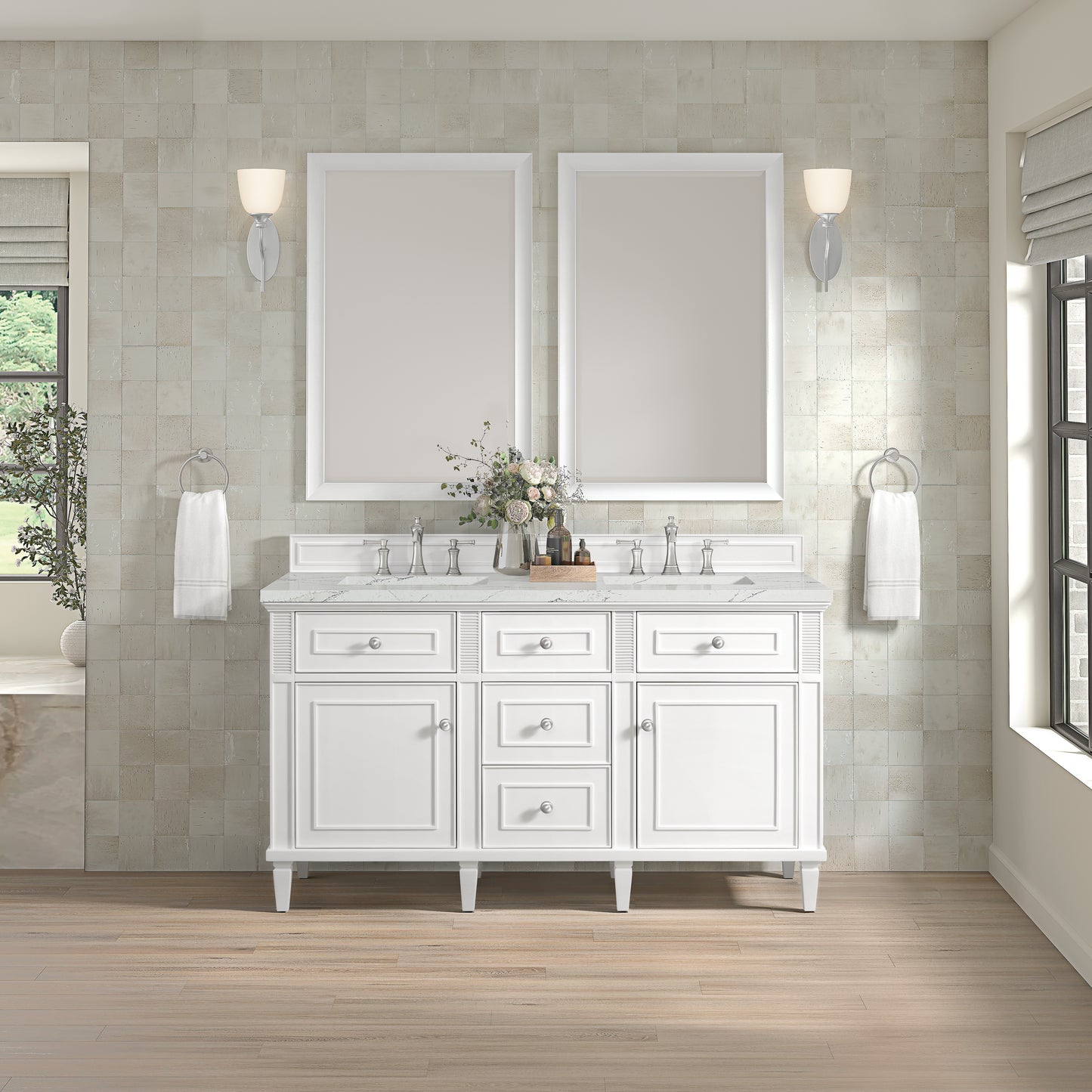 James Martin Vanities Lorelai 60" Bright White Double Vanity With 3 cm Ethereal Noctis Silestone Top and FreePower Wireless Charger