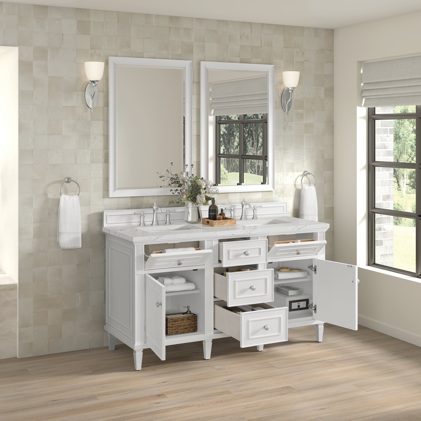 James Martin Vanities Lorelai 60" Bright White Double Vanity With 3 cm Ethereal Noctis Silestone Top and FreePower Wireless Charger