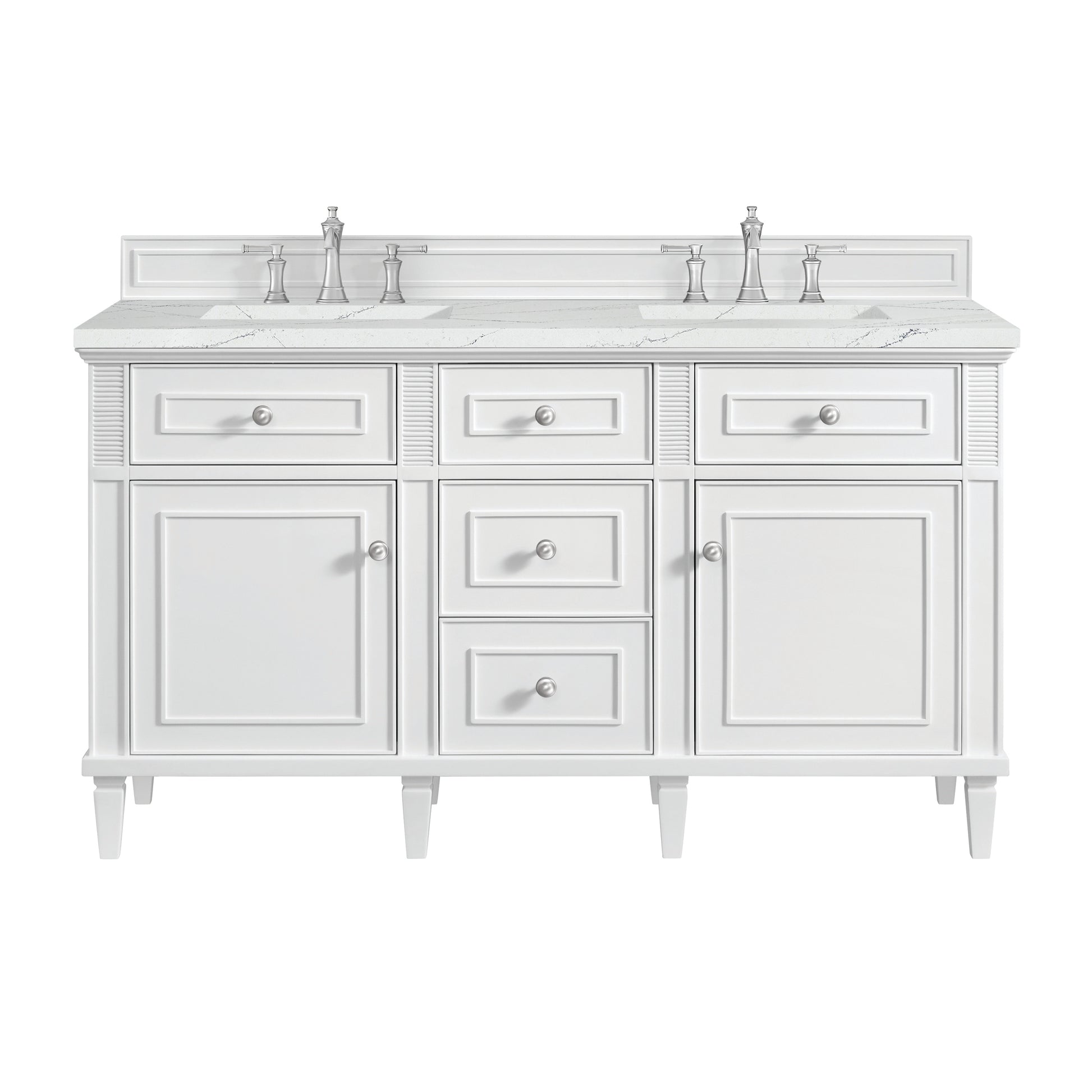 James Martin Vanities Lorelai 60" Bright White Double Vanity With 3 cm Ethereal Noctis Silestone Top and FreePower Wireless Charger