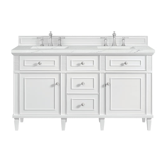James Martin Vanities Lorelai 60" Bright White Double Vanity With 3 cm Ethereal Noctis Silestone Top and FreePower Wireless Charger