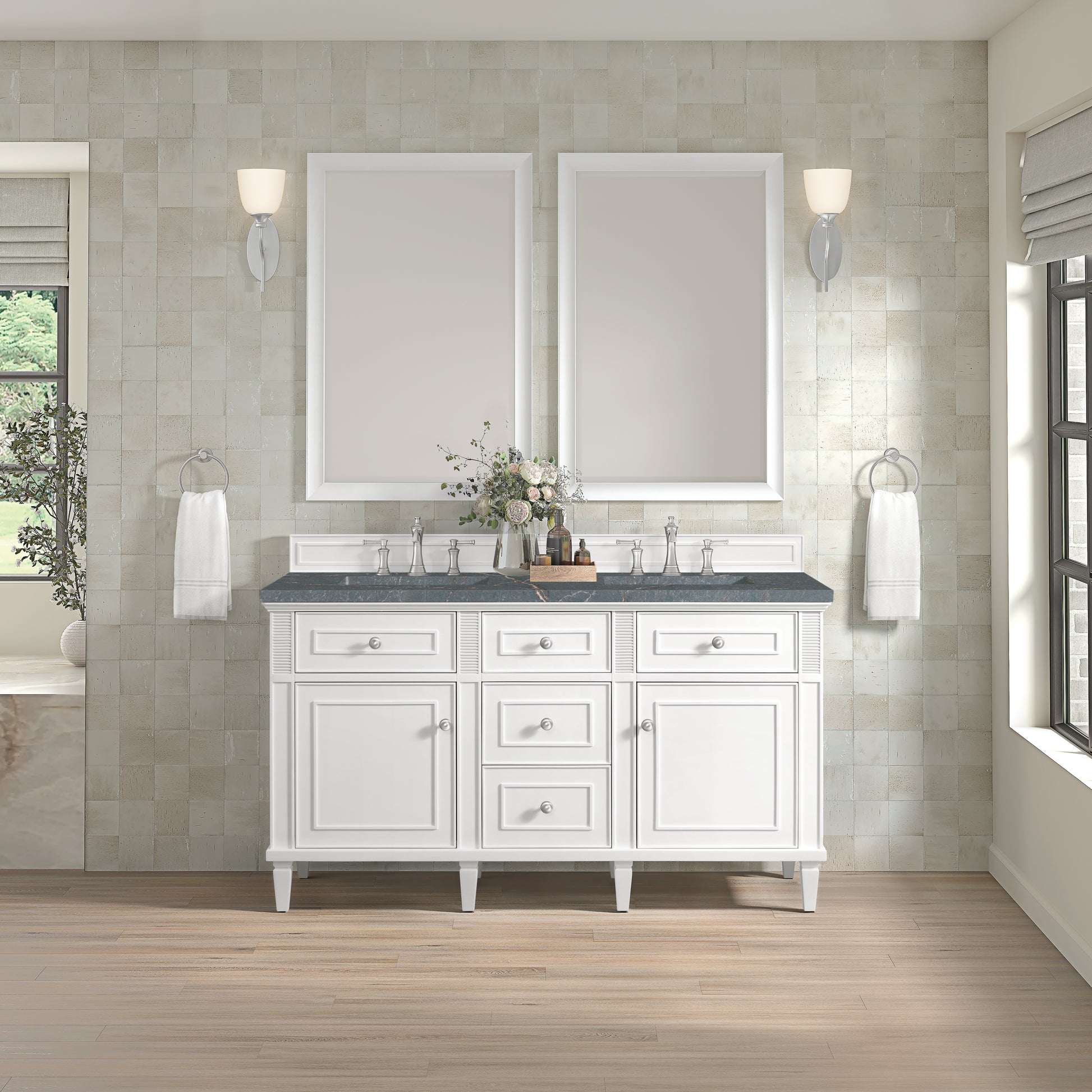James Martin Vanities Lorelai 60" Bright White Double Vanity With 3 cm Parisien Bleu Silestone Top and FreePower Wireless Charger