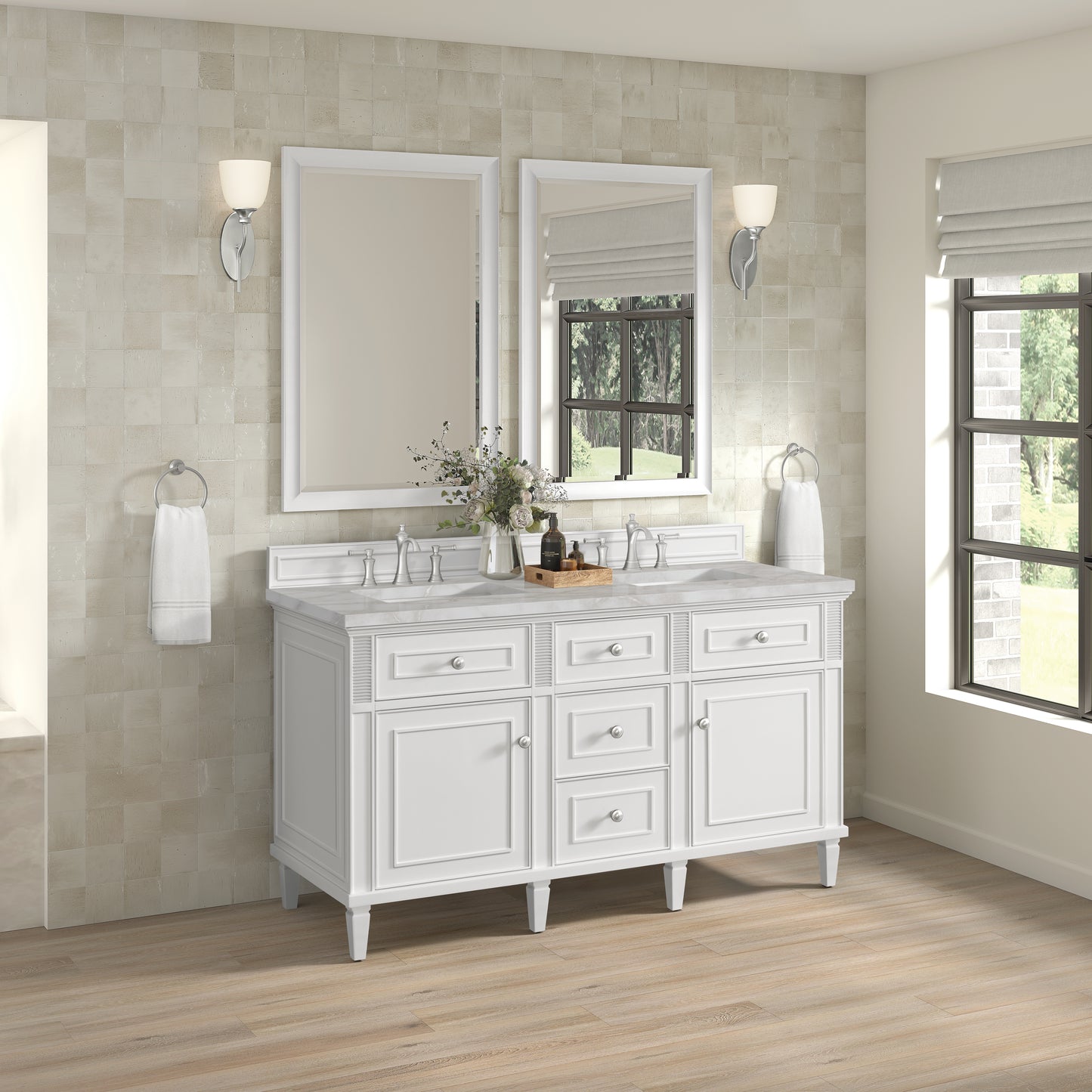 James Martin Vanities Lorelai 60" Bright White Double Vanity With 3 cm Victorian Silver Silestone Top and FreePower Wireless Charger