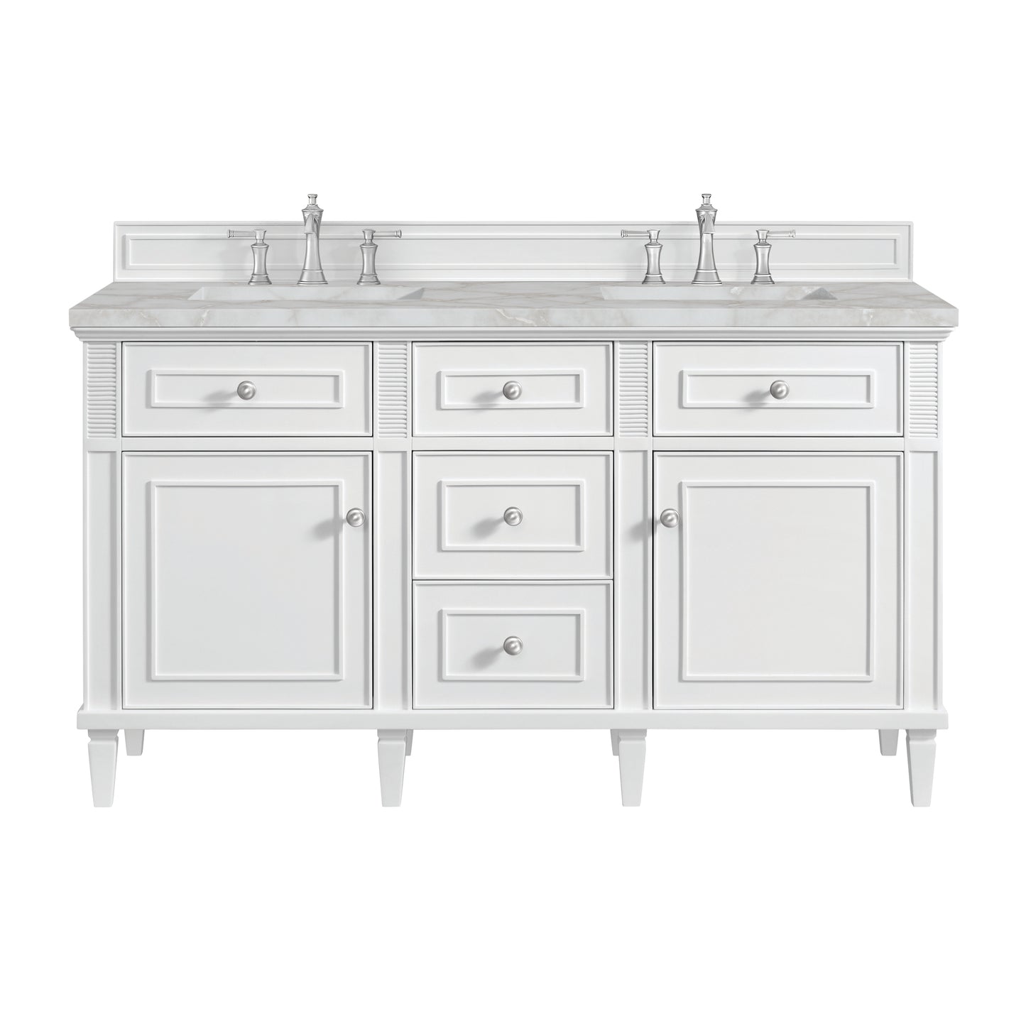 James Martin Vanities Lorelai 60" Bright White Double Vanity With 3 cm Victorian Silver Silestone Top and FreePower Wireless Charger