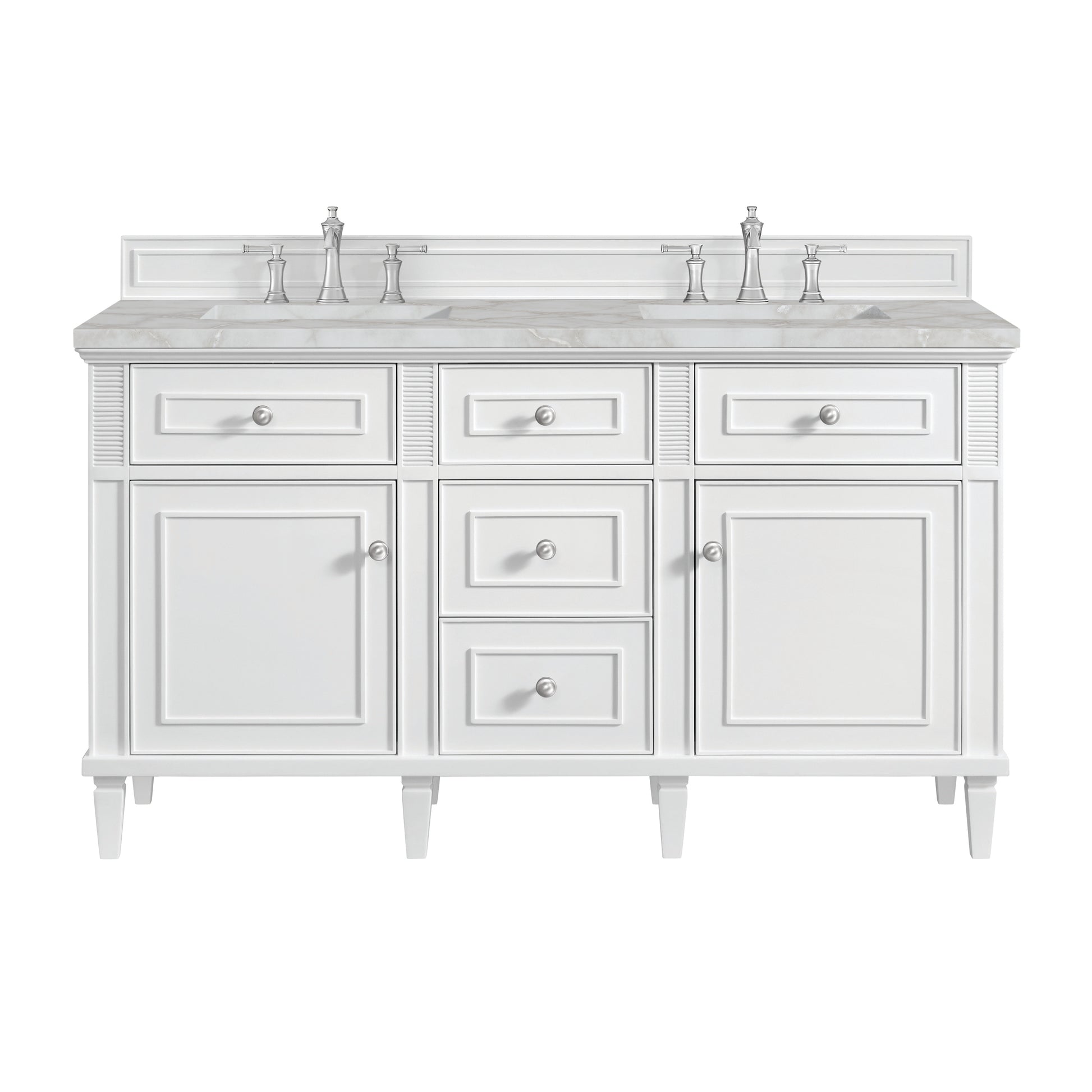 James Martin Vanities Lorelai 60" Bright White Double Vanity With 3 cm Victorian Silver Silestone Top and FreePower Wireless Charger