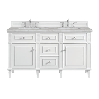 James Martin Vanities Lorelai 60" Bright White Double Vanity With 3 cm Victorian Silver Silestone Top and FreePower Wireless Charger