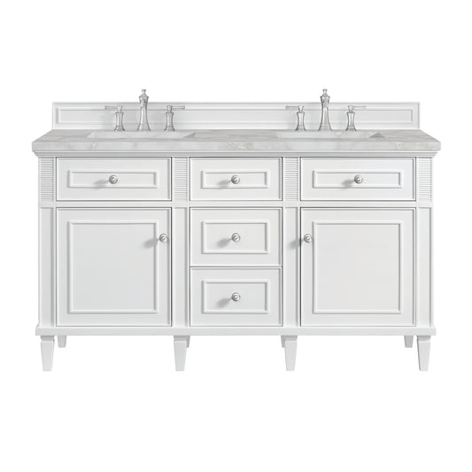 James Martin Vanities Lorelai 60" Bright White Double Vanity With 3 cm Victorian Silver Silestone Top and FreePower Wireless Charger