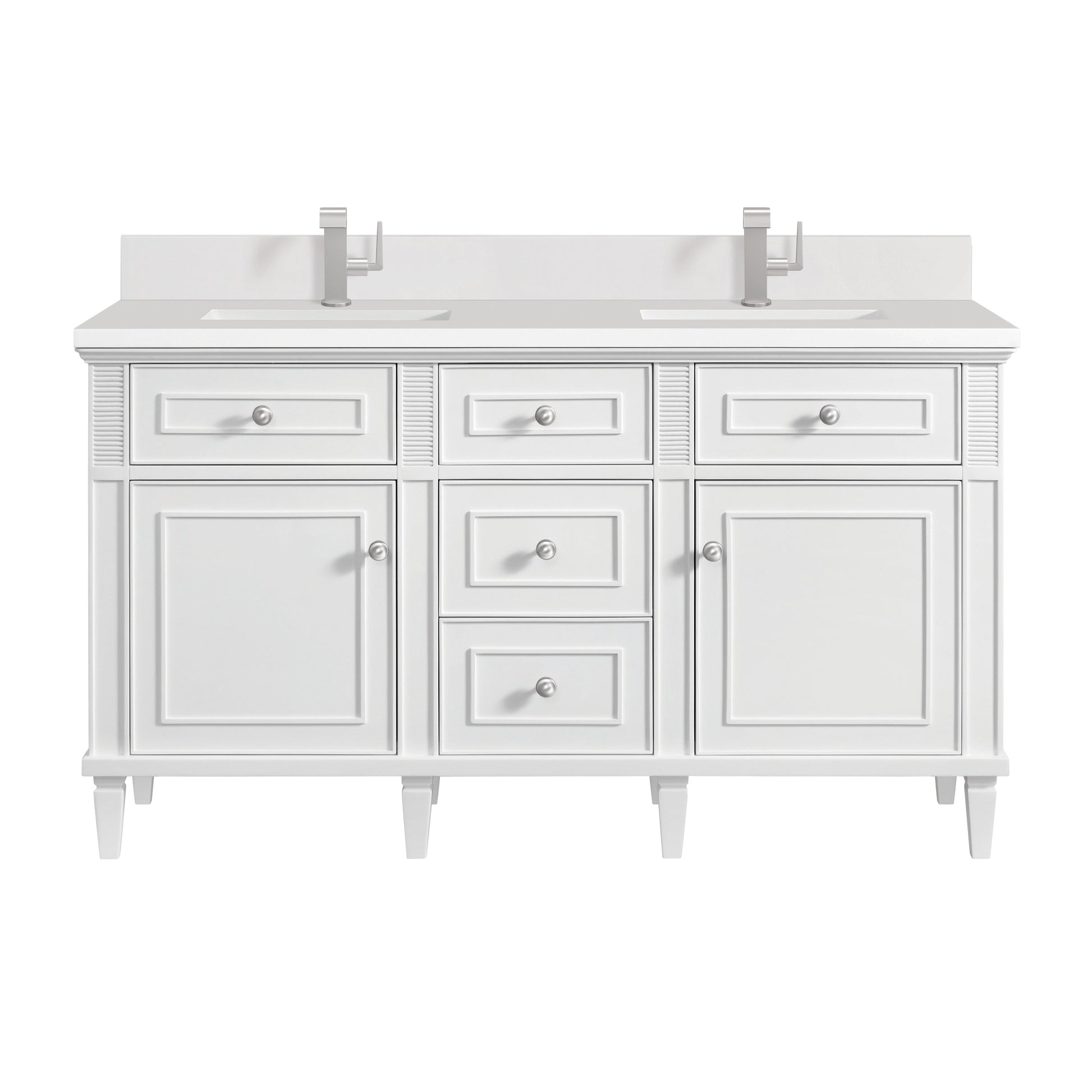 James Martin Vanities Lorelai 60" Bright White Double Vanity With Single Hole 3 CM White Zeus Quartz Top & Backsplash