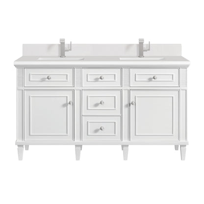 James Martin Vanities Lorelai 60" Bright White Double Vanity With Single Hole 3 CM White Zeus Quartz Top & Backsplash