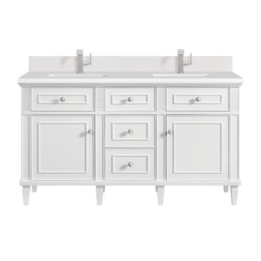 James Martin Vanities Lorelai 60" Bright White Double Vanity With Single Hole 3 CM White Zeus Quartz Top & Backsplash