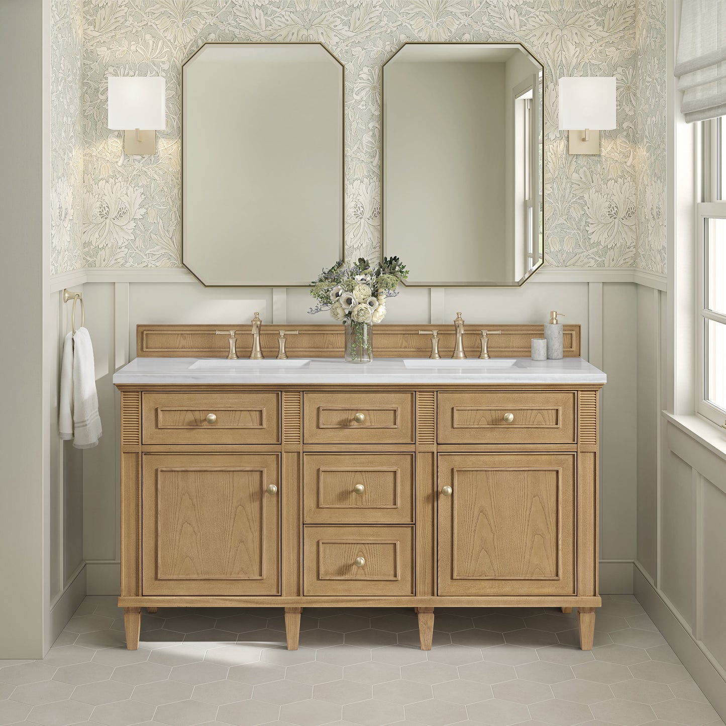 James Martin Vanities Lorelai 60" Light Natural Oak Double Vanity With 3 CM Arctic Fall Solid Surface Top