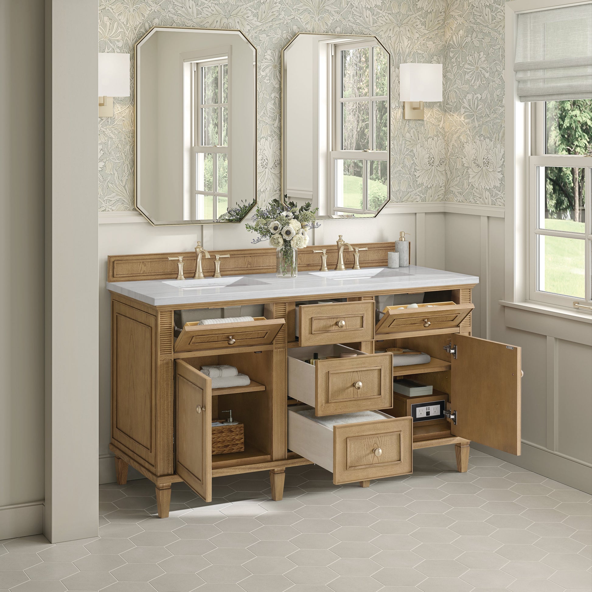 James Martin Vanities Lorelai 60" Light Natural Oak Double Vanity With 3 CM Arctic Fall Solid Surface Top