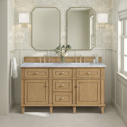 James Martin Vanities Lorelai 60" Light Natural Oak Double Vanity With 3 CM Carrara White Marble Top