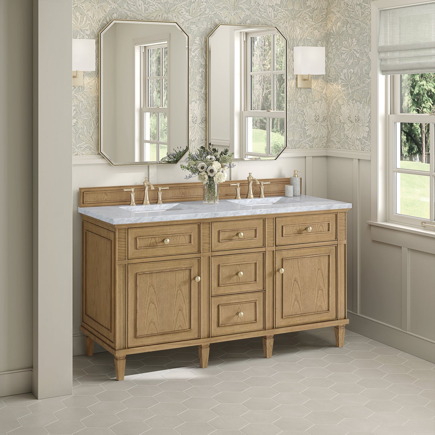 James Martin Vanities Lorelai 60" Light Natural Oak Double Vanity With 3 CM Carrara White Marble Top