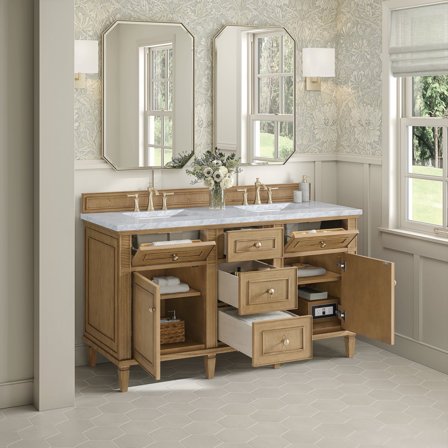 James Martin Vanities Lorelai 60" Light Natural Oak Double Vanity With 3 CM Carrara White Marble Top