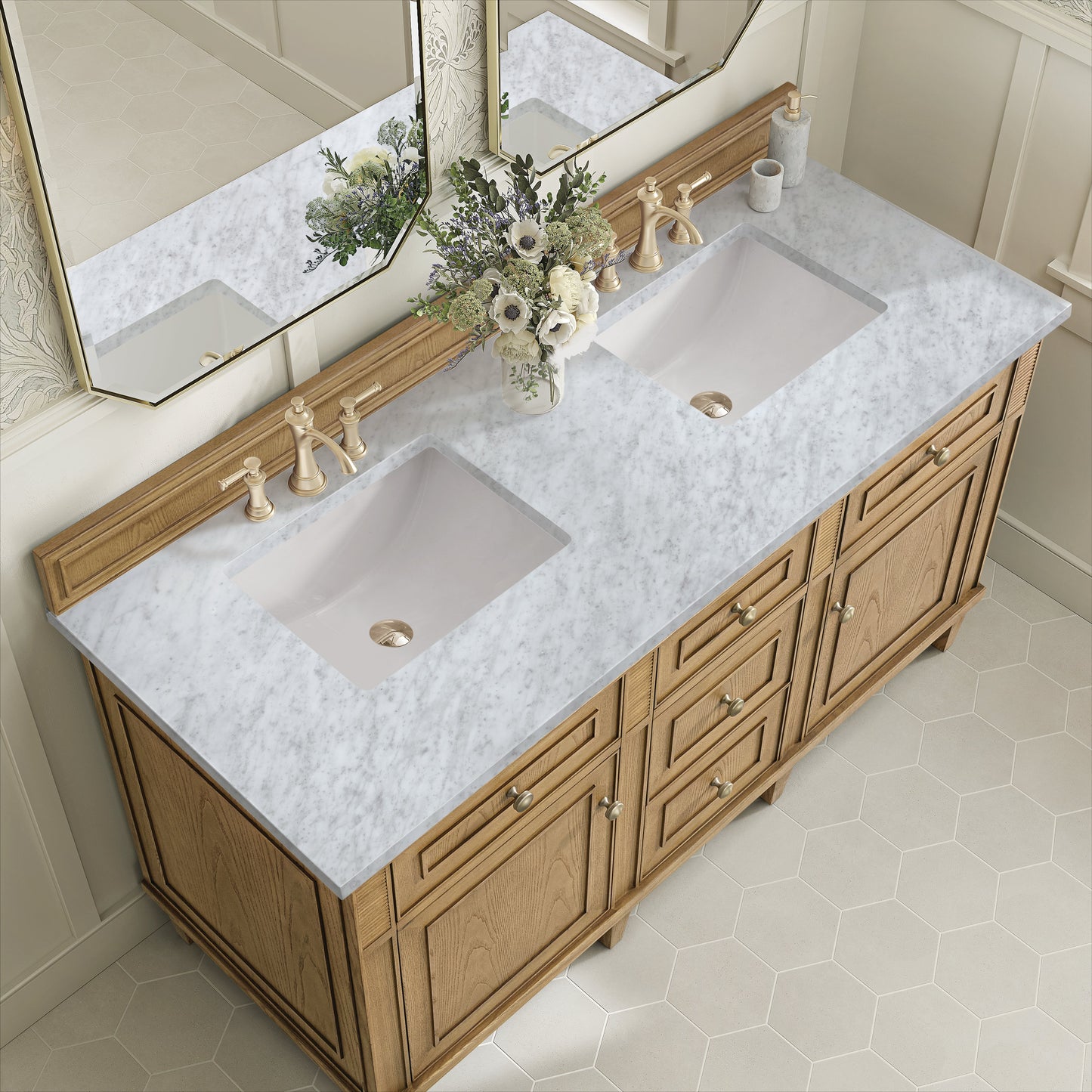 James Martin Vanities Lorelai 60" Light Natural Oak Double Vanity With 3 CM Carrara White Marble Top