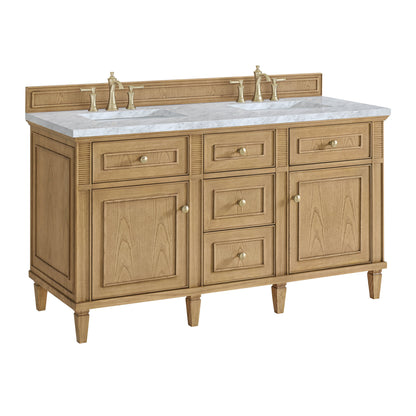 James Martin Vanities Lorelai 60" Light Natural Oak Double Vanity With 3 CM Carrara White Marble Top