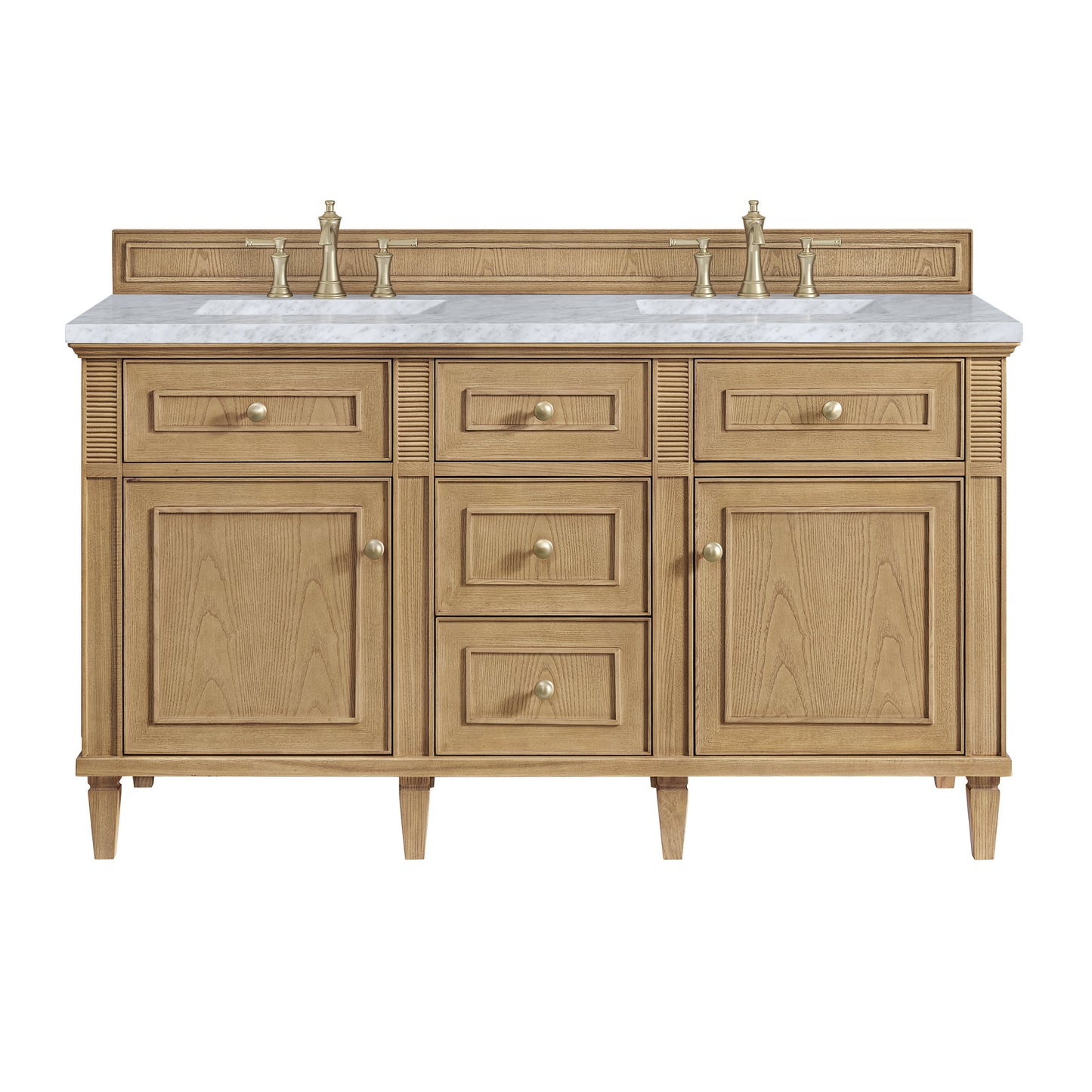 James Martin Vanities Lorelai 60" Light Natural Oak Double Vanity With 3 CM Carrara White Marble Top