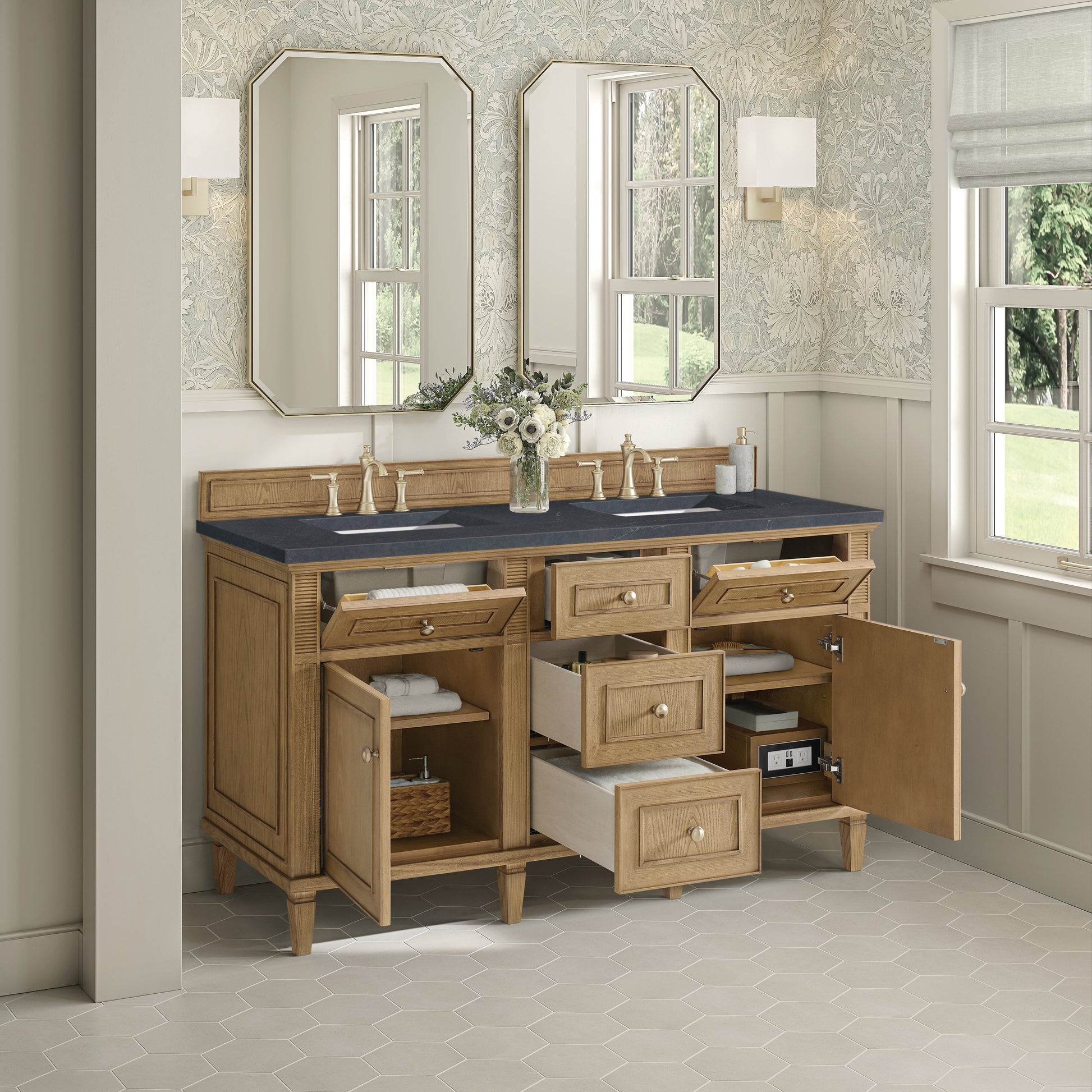 James Martin Vanities Lorelai 60" Light Natural Oak Double Vanity With 3 CM Charcoal Soapstone Quartz Top