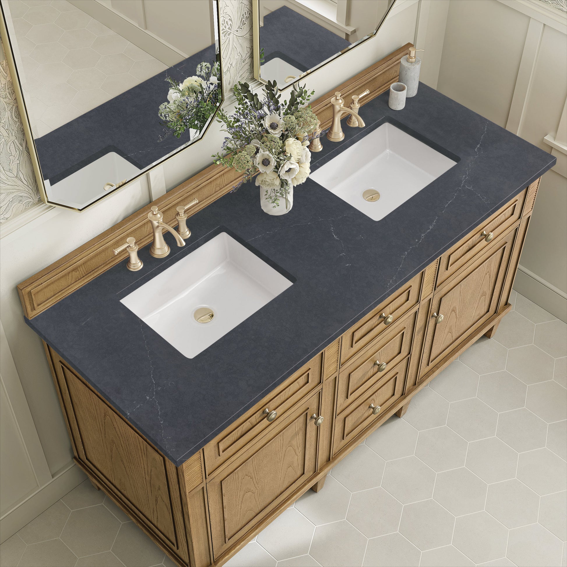 James Martin Vanities Lorelai 60" Light Natural Oak Double Vanity With 3 CM Charcoal Soapstone Quartz Top