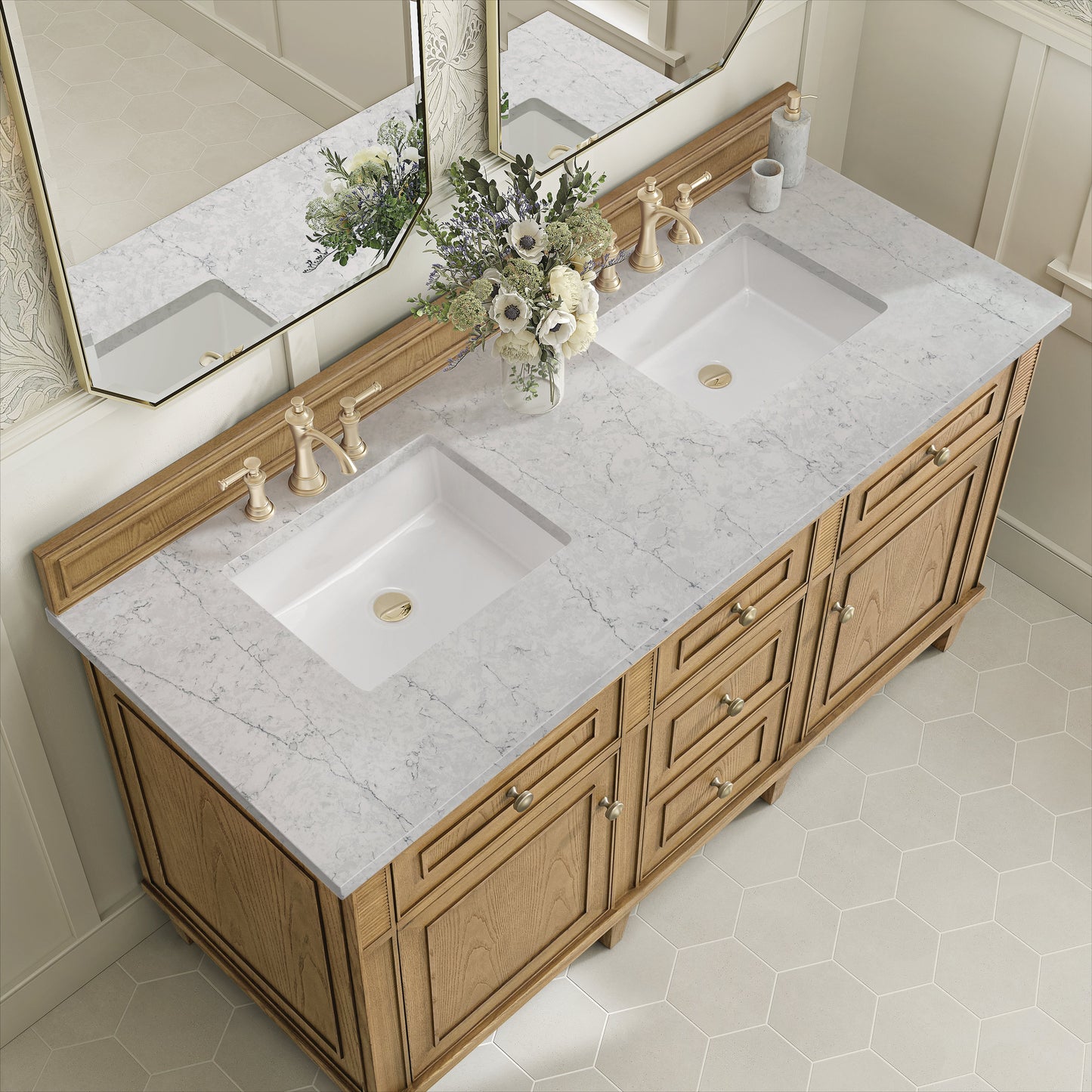 James Martin Vanities Lorelai 60" Light Natural Oak Double Vanity With 3 CM Eternal Jasmine Pearl Quartz Top