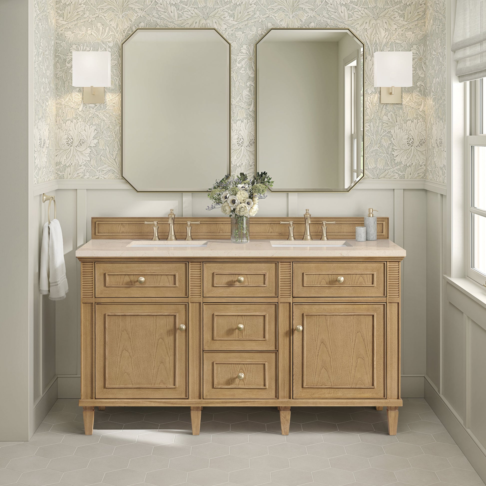 James Martin Vanities Lorelai 60" Light Natural Oak Double Vanity With 3 CM Eternal Marfil Quartz Top