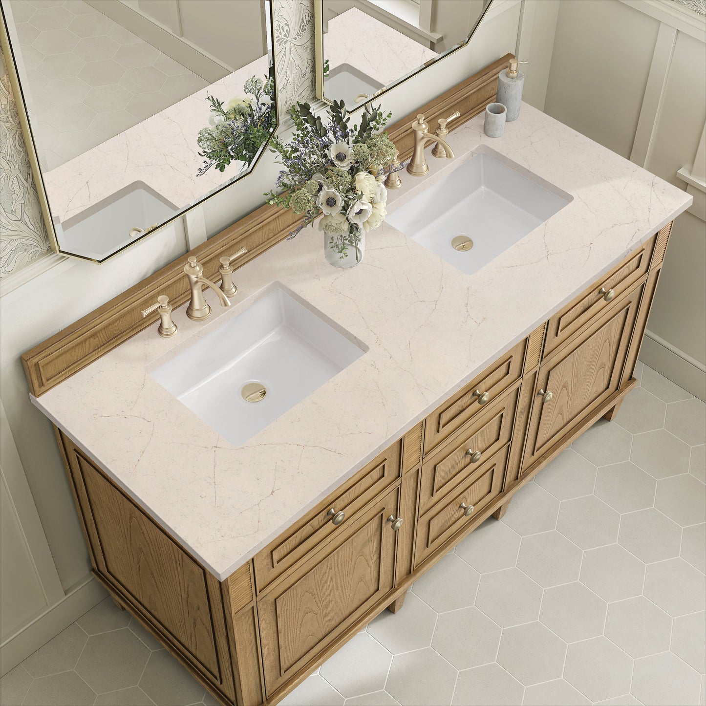 James Martin Vanities Lorelai 60" Light Natural Oak Double Vanity With 3 CM Eternal Marfil Quartz Top