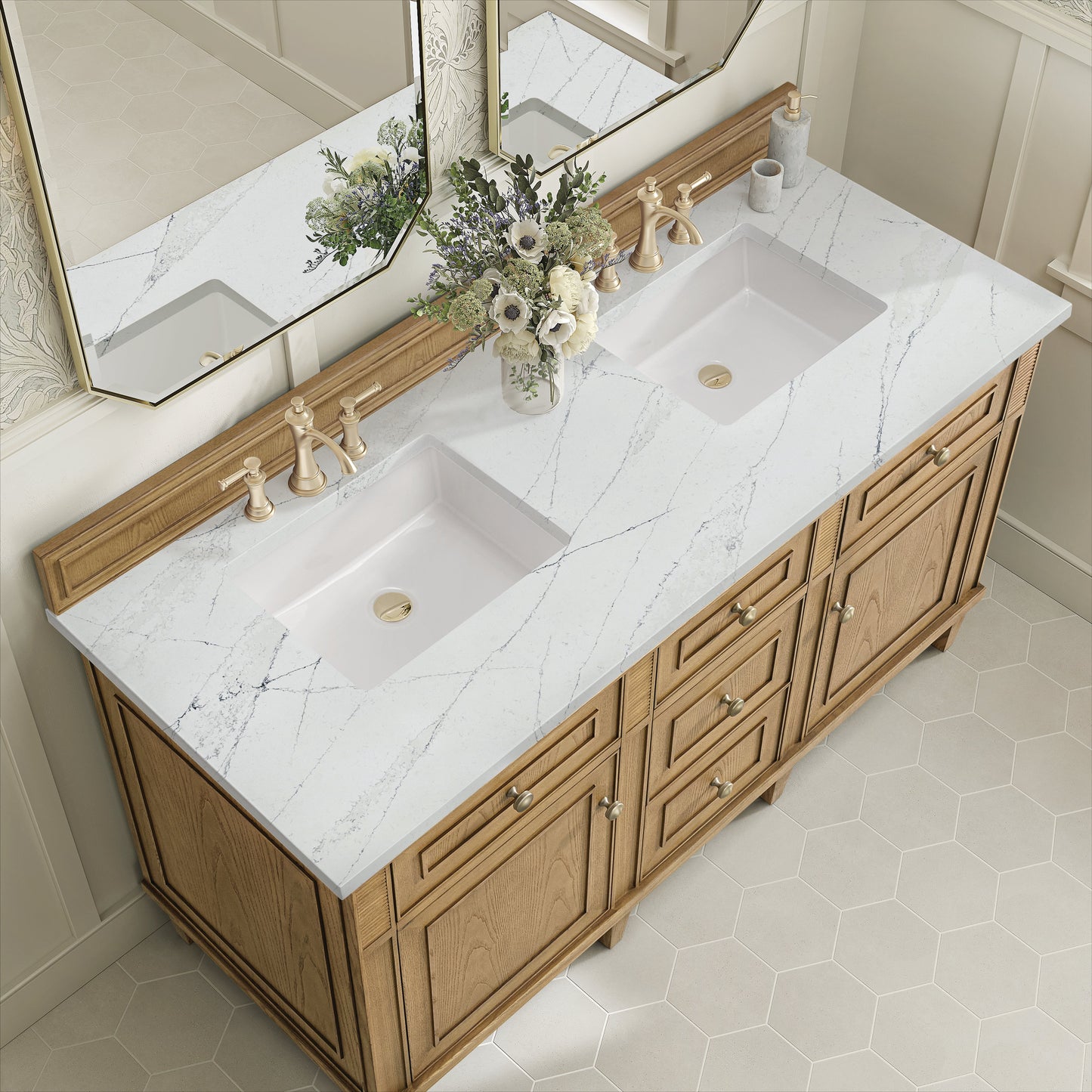 James Martin Vanities Lorelai 60" Light Natural Oak Double Vanity With 3 CM Ethereal Noctis Quartz Top