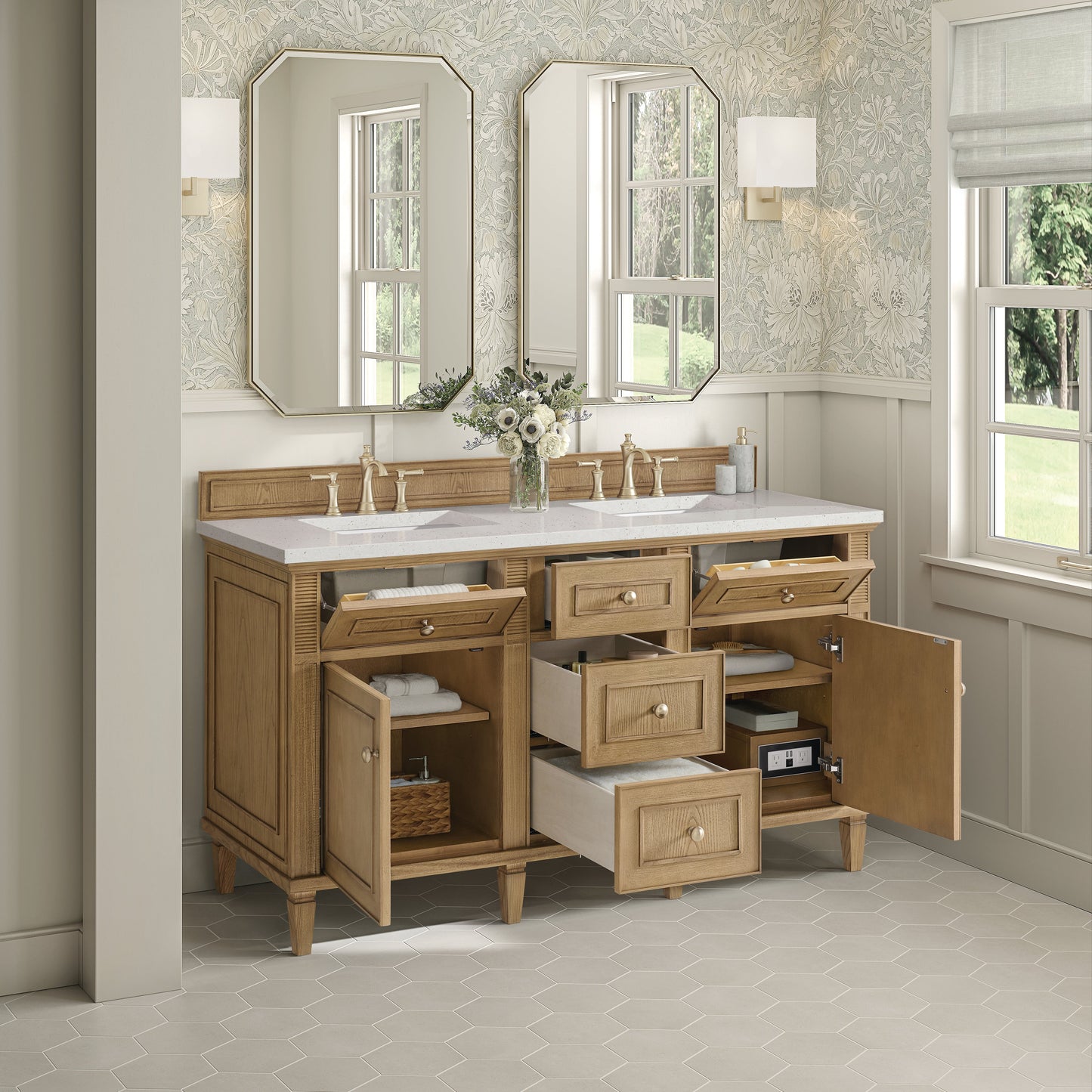 James Martin Vanities Lorelai 60" Light Natural Oak Double Vanity With 3 CM Lime Delight Quartz Top