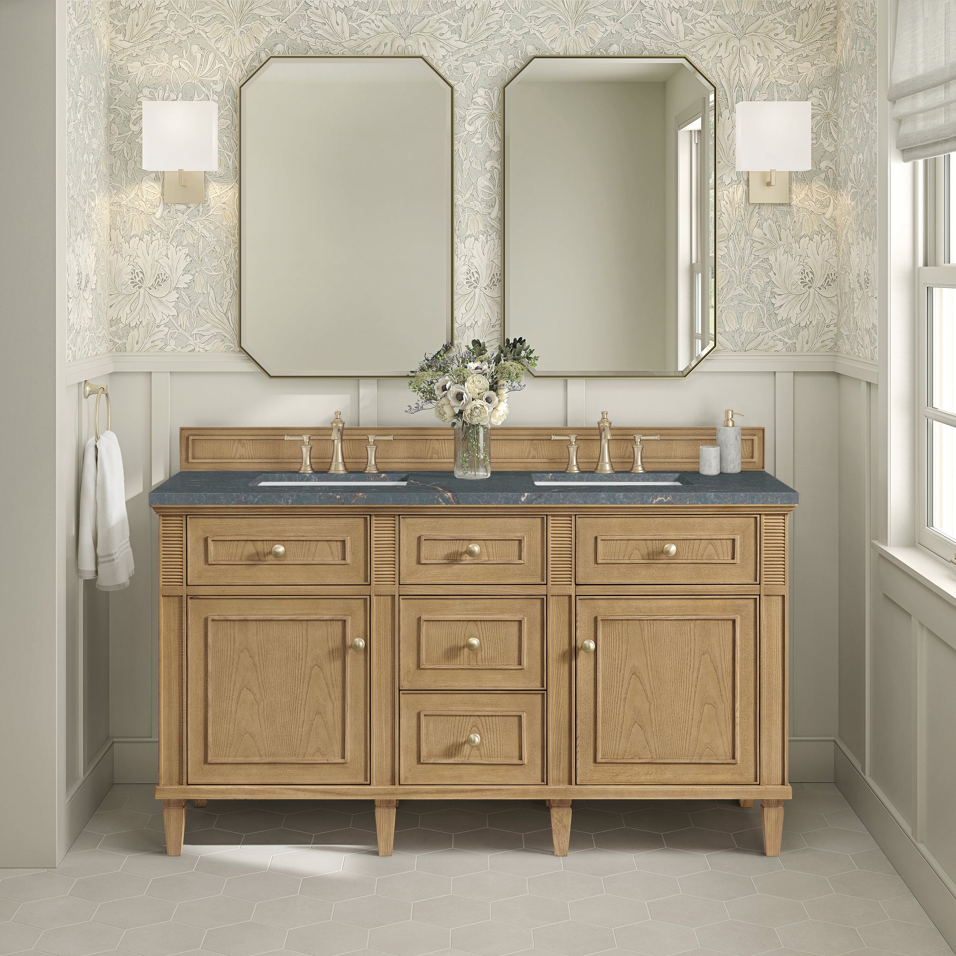 James Martin Vanities Lorelai 60" Light Natural Oak Double Vanity With 3 CM Parisien Bleu Quartz Top