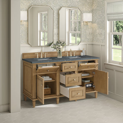 James Martin Vanities Lorelai 60" Light Natural Oak Double Vanity With 3 CM Parisien Bleu Quartz Top