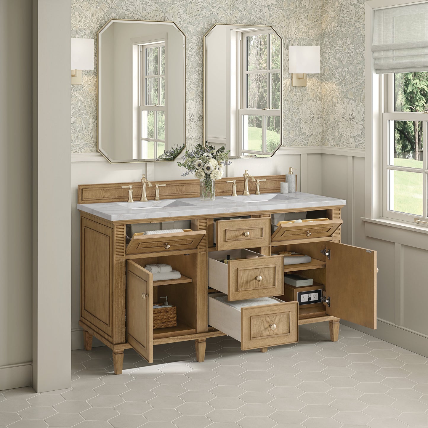 James Martin Vanities Lorelai 60" Light Natural Oak Double Vanity With 3 CM Victorian Silver Quartz Top