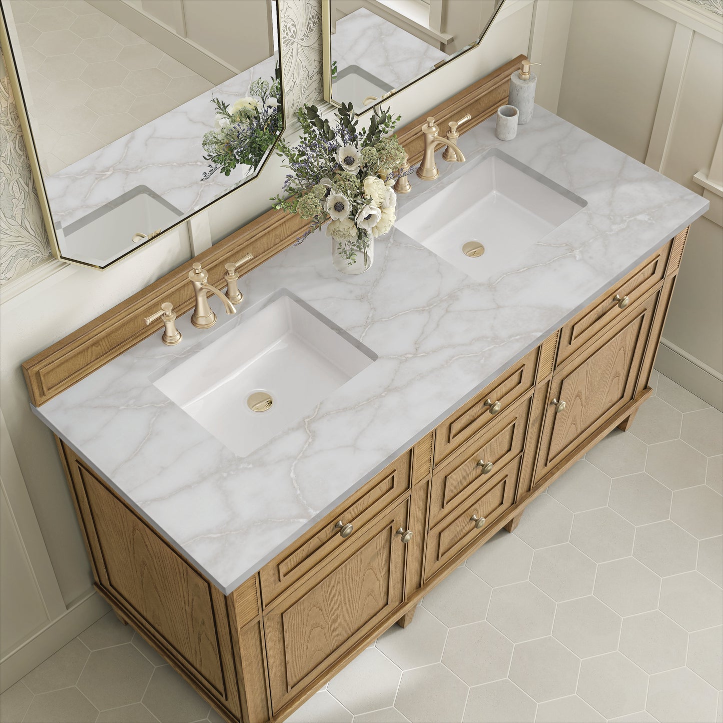 James Martin Vanities Lorelai 60" Light Natural Oak Double Vanity With 3 CM Victorian Silver Quartz Top