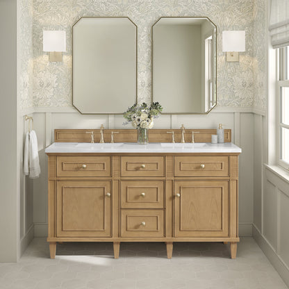 James Martin Vanities Lorelai 60" Light Natural Oak Double Vanity With 3 CM White Zeus Quartz Top