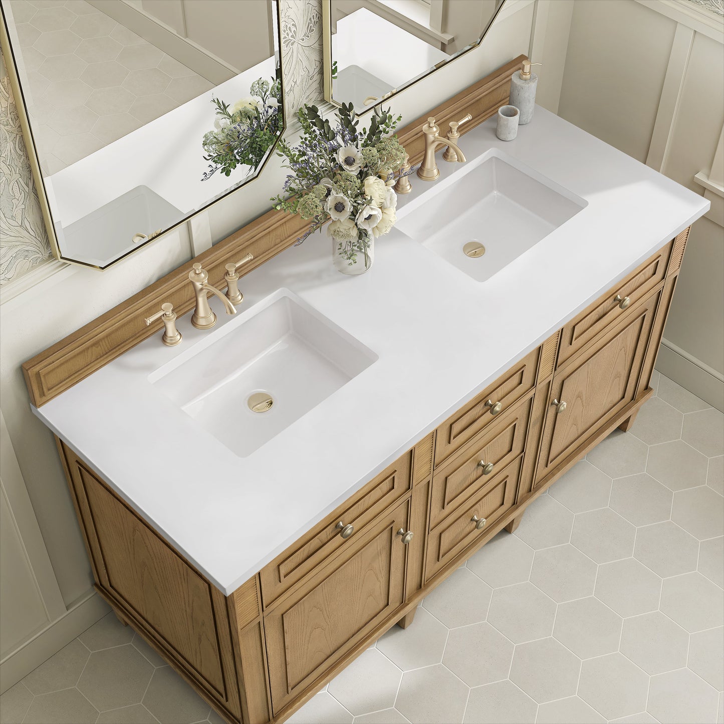 James Martin Vanities Lorelai 60" Light Natural Oak Double Vanity With 3 CM White Zeus Quartz Top