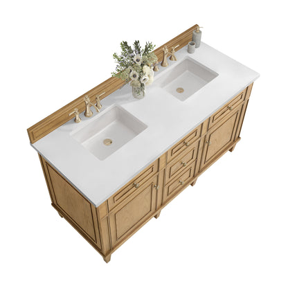 James Martin Vanities Lorelai 60" Light Natural Oak Double Vanity With 3 CM White Zeus Quartz Top