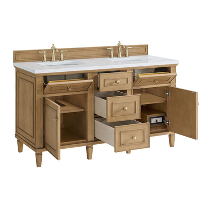 James Martin Vanities Lorelai 60" Light Natural Oak Double Vanity With 3 CM White Zeus Quartz Top