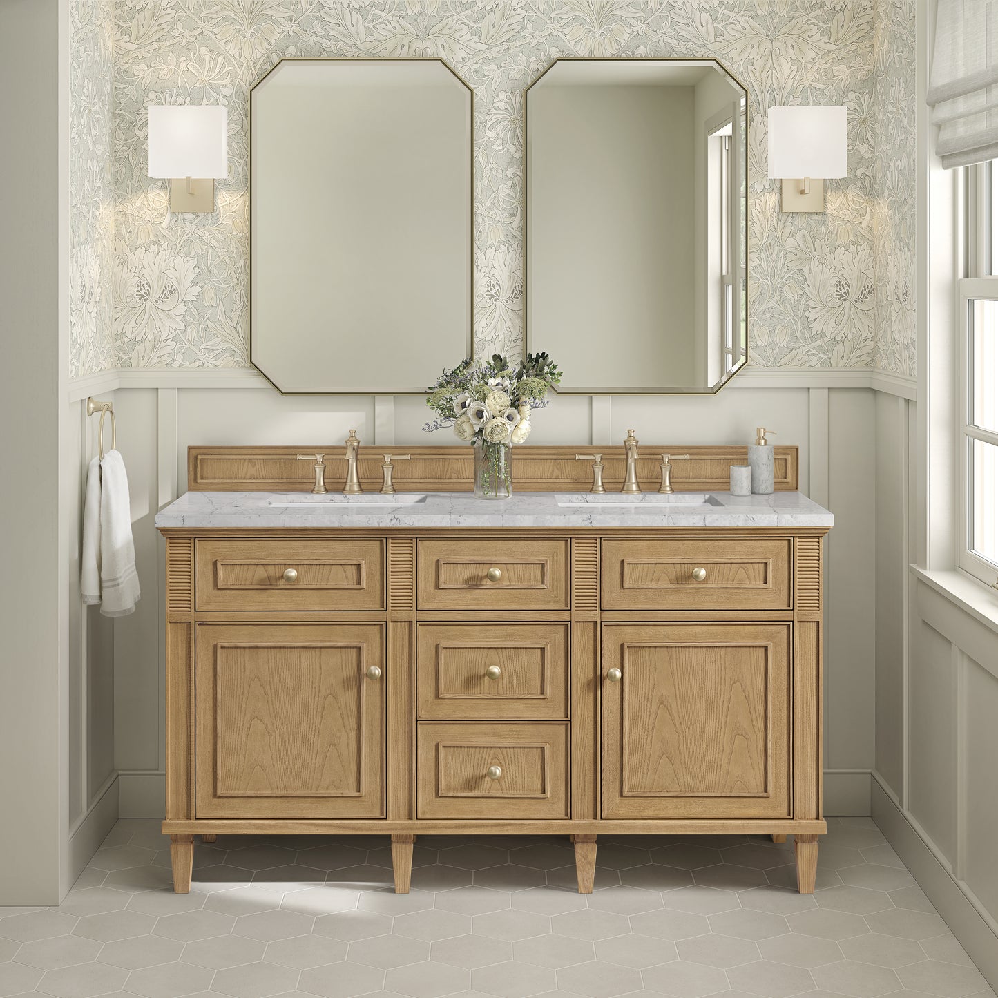 James Martin Vanities Lorelai 60" Light Natural Oak Double Vanity With 3 cm Eternal Jasmine Pearl Silestone Top and FreePower Wireless Charger