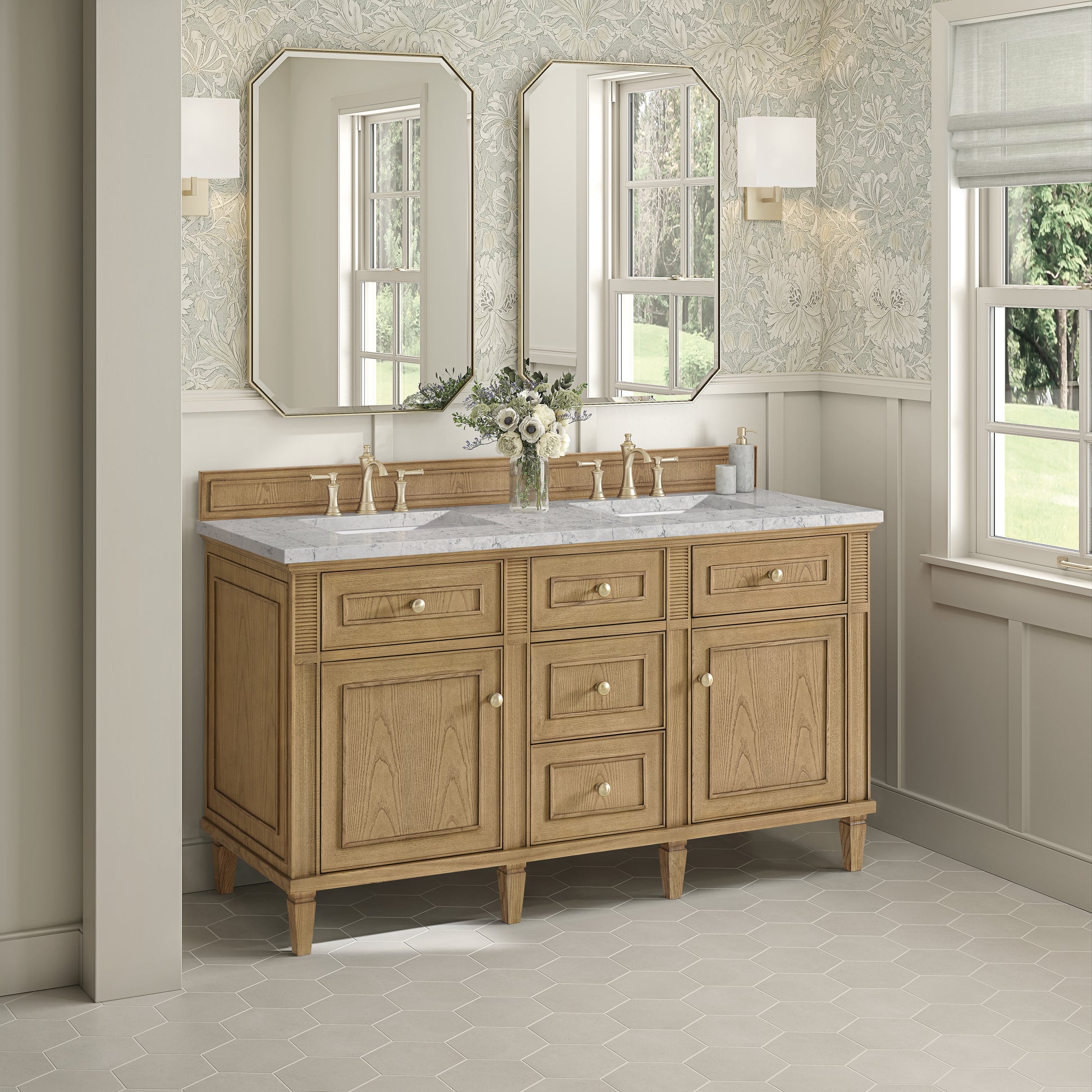 James Martin Vanities Lorelai 60" Light Natural Oak Double Vanity With 3 cm Eternal Jasmine Pearl Silestone Top and FreePower Wireless Charger