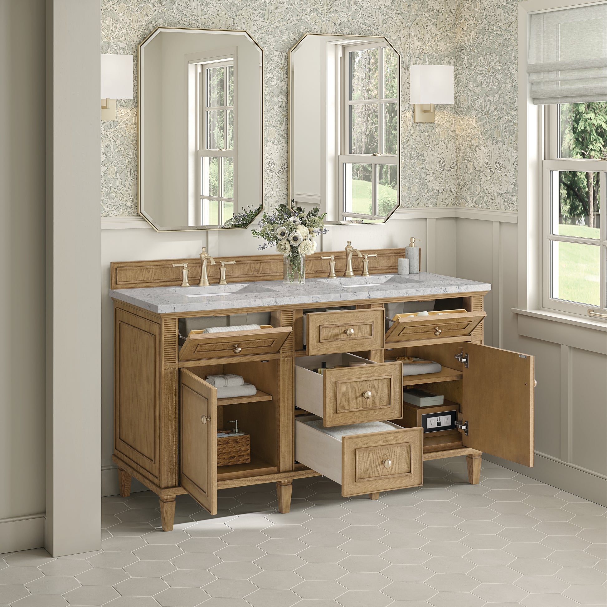 James Martin Vanities Lorelai 60" Light Natural Oak Double Vanity With 3 cm Eternal Jasmine Pearl Silestone Top and FreePower Wireless Charger