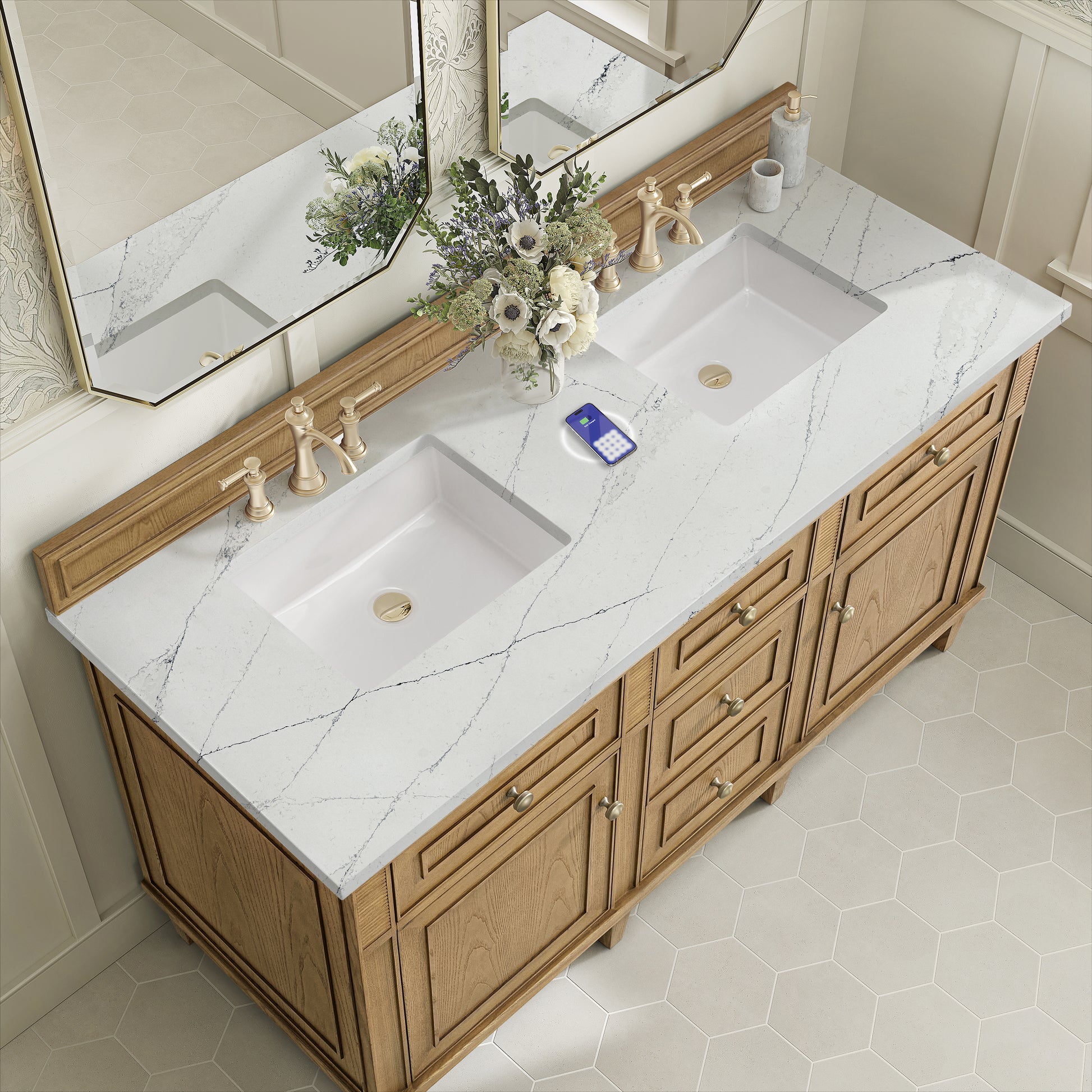 James Martin Vanities Lorelai 60" Light Natural Oak Double Vanity With 3 cm Ethereal Noctis Silestone Top and FreePower Wireless Charger