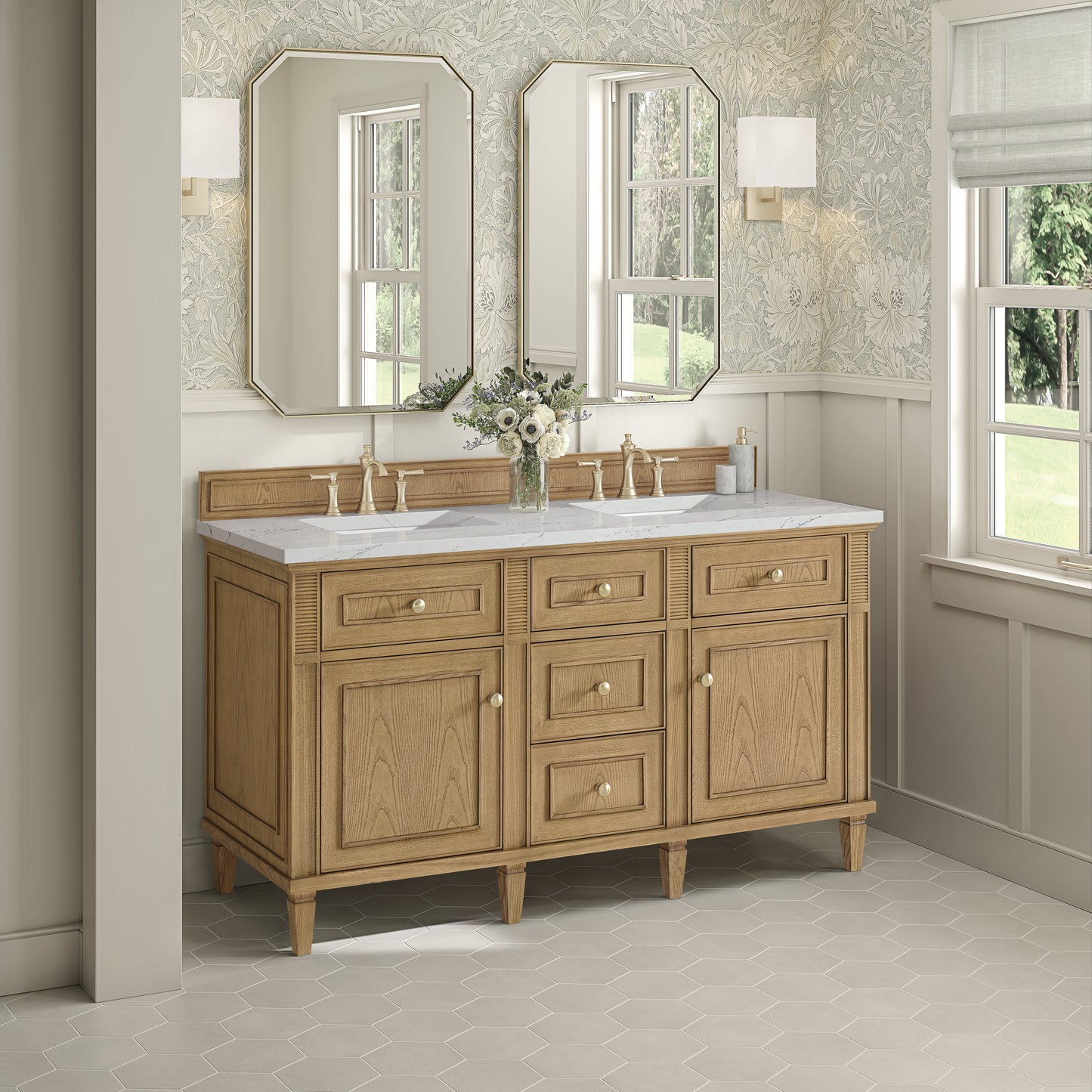 James Martin Vanities Lorelai 60" Light Natural Oak Double Vanity With 3 cm Ethereal Noctis Silestone Top and FreePower Wireless Charger