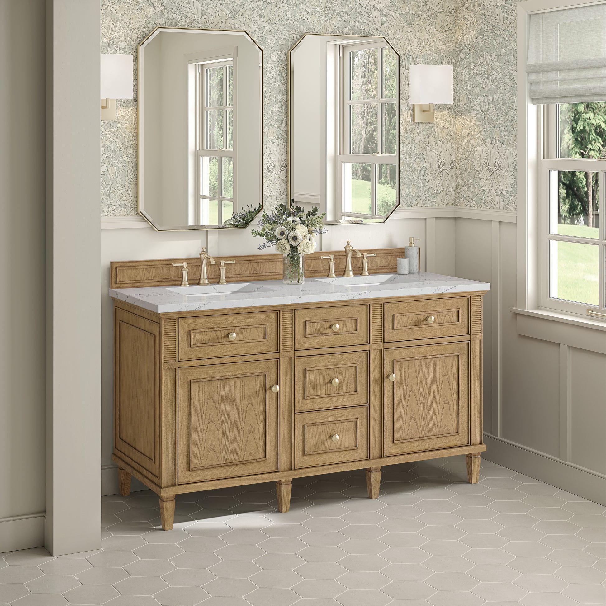 James Martin Vanities Lorelai 60" Light Natural Oak Double Vanity With 3 cm Ethereal Noctis Silestone Top and FreePower Wireless Charger