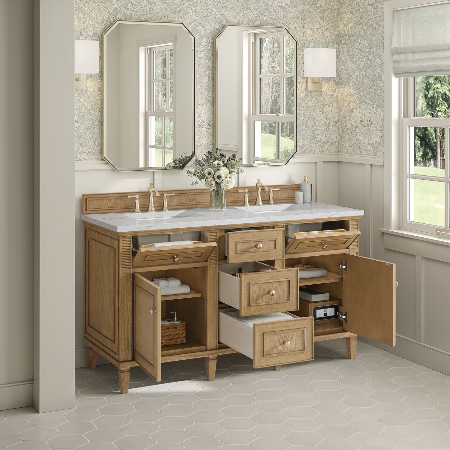 James Martin Vanities Lorelai 60" Light Natural Oak Double Vanity With 3 cm Ethereal Noctis Silestone Top and FreePower Wireless Charger