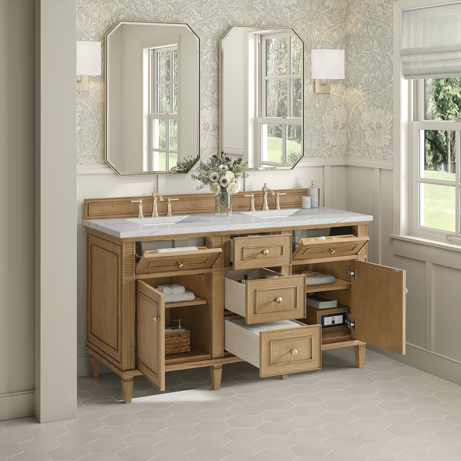 James Martin Vanities Lorelai 60" Light Natural Oak Double Vanity With 3 cm Ethereal Noctis Silestone Top and FreePower Wireless Charger
