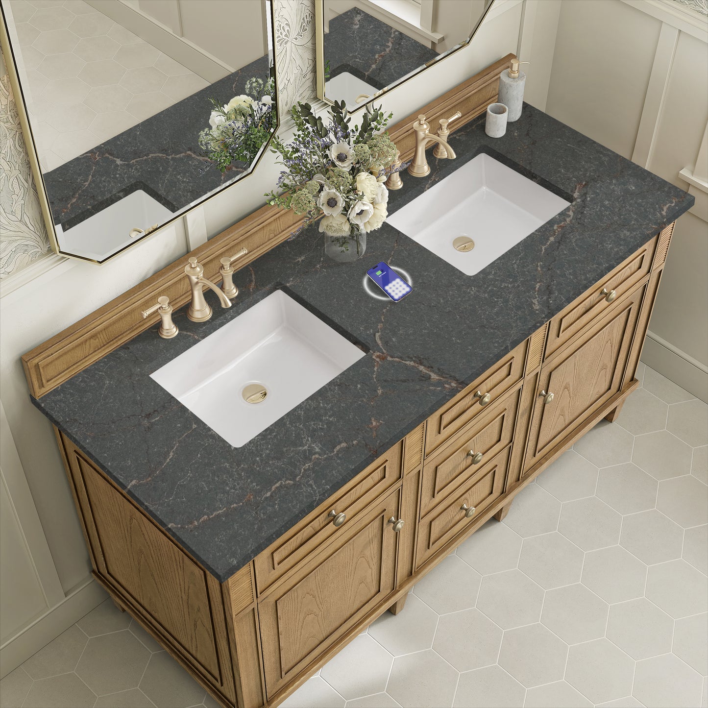 James Martin Vanities Lorelai 60" Light Natural Oak Double Vanity With 3 cm Parisien Bleu Silestone Top and FreePower Wireless Charger