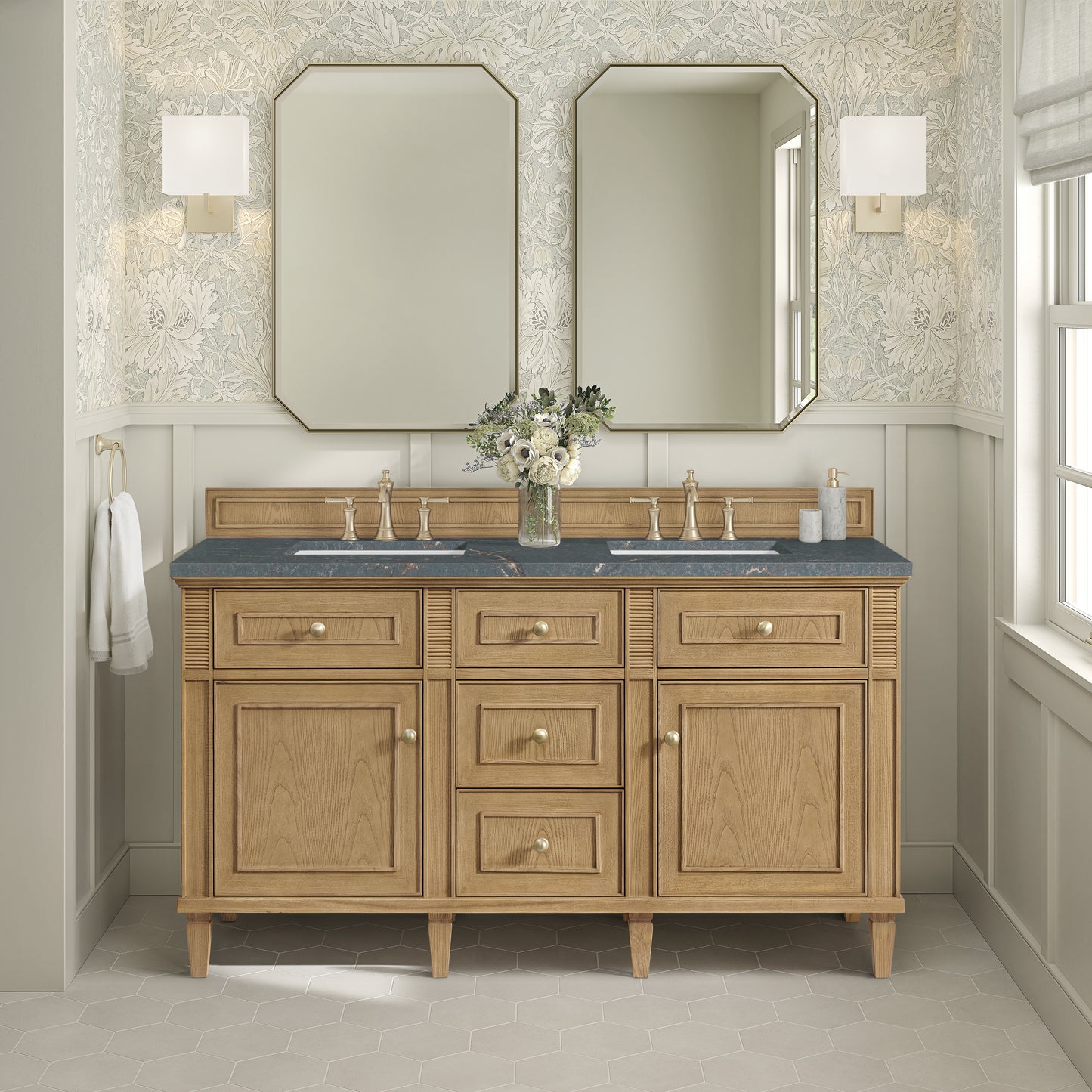 James Martin Vanities Lorelai 60" Light Natural Oak Double Vanity With 3 cm Parisien Bleu Silestone Top and FreePower Wireless Charger