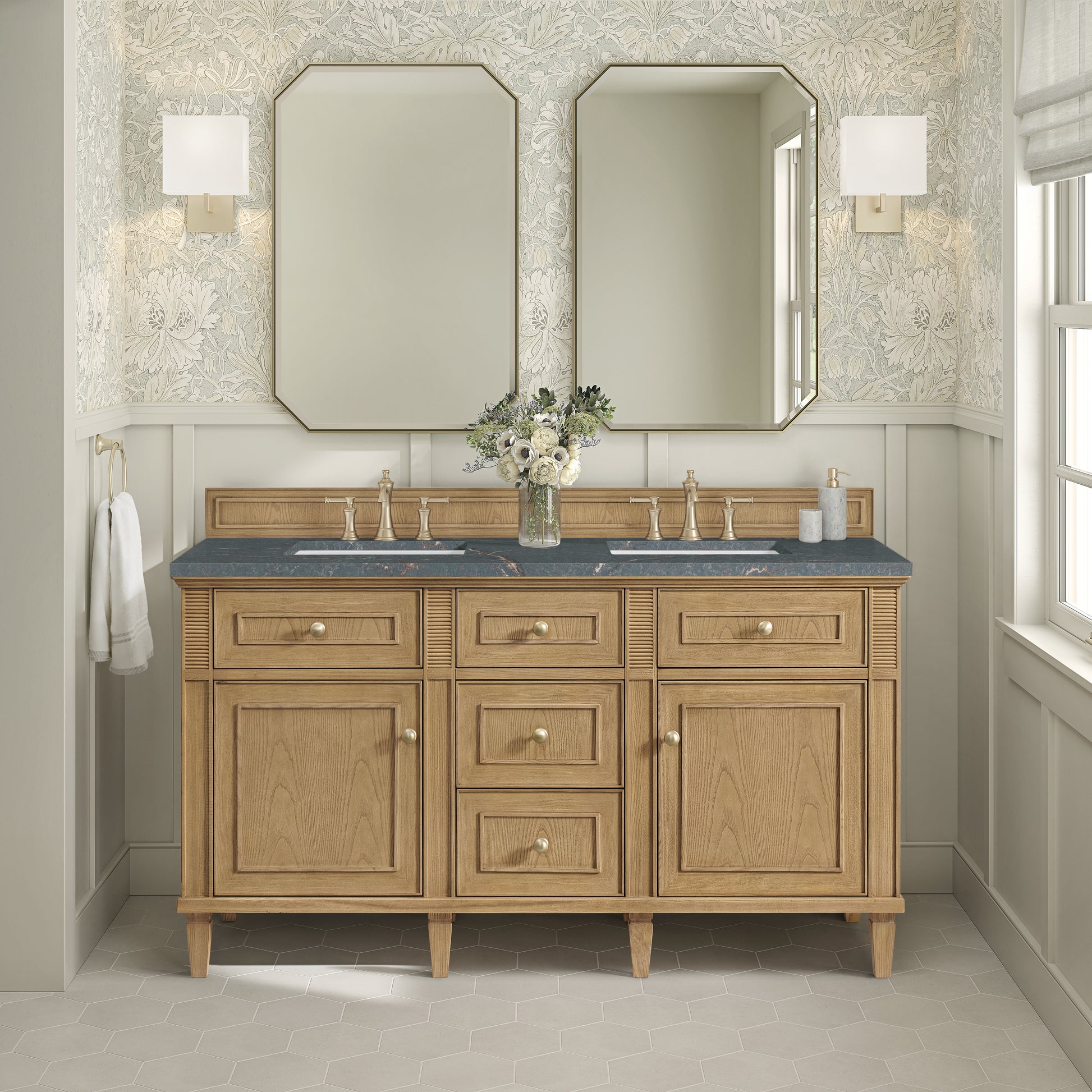 James Martin Vanities Lorelai 60" Light Natural Oak Double Vanity With 3 cm Parisien Bleu Silestone Top and FreePower Wireless Charger