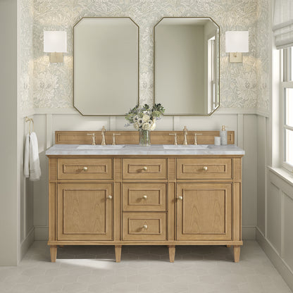James Martin Vanities Lorelai 60" Light Natural Oak Double Vanity With 3 cm Victorian Silver Silestone Top and FreePower Wireless Charger