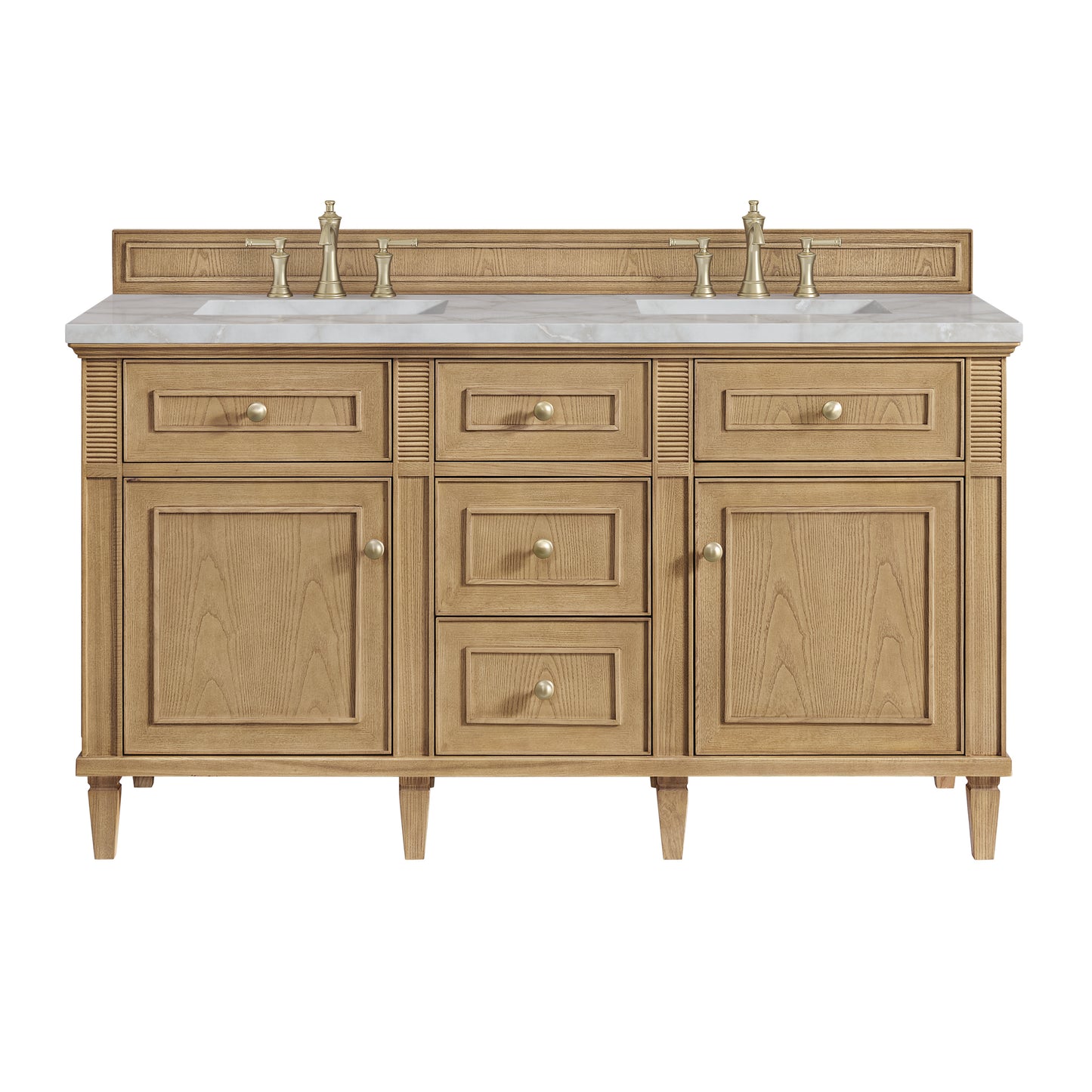James Martin Vanities Lorelai 60" Light Natural Oak Double Vanity With 3 cm Victorian Silver Silestone Top and FreePower Wireless Charger
