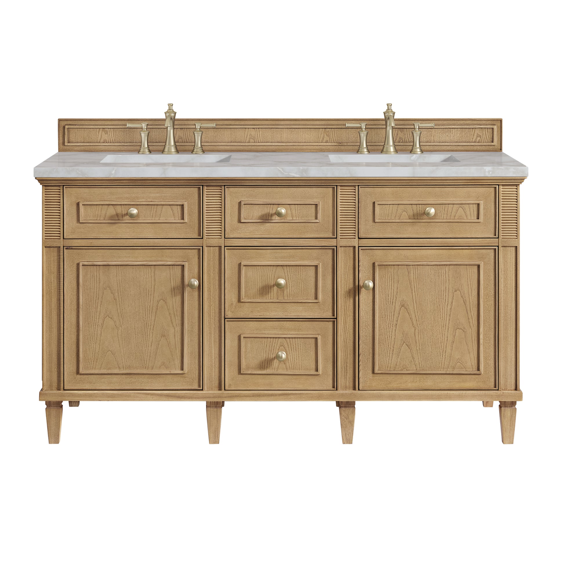 James Martin Vanities Lorelai 60" Light Natural Oak Double Vanity With 3 cm Victorian Silver Silestone Top and FreePower Wireless Charger